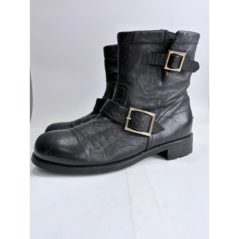 Jimmy Choo Black Leather Biker Boots EU 40.5 Silver Tone Buckles Moto Made Italy